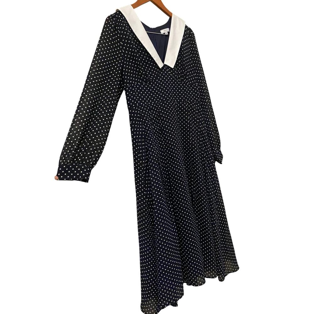 Rihoas Polka Dot Midi Dress Medium Peter Pan Puritan Collar Navy Blue White - Picture 9 of 9